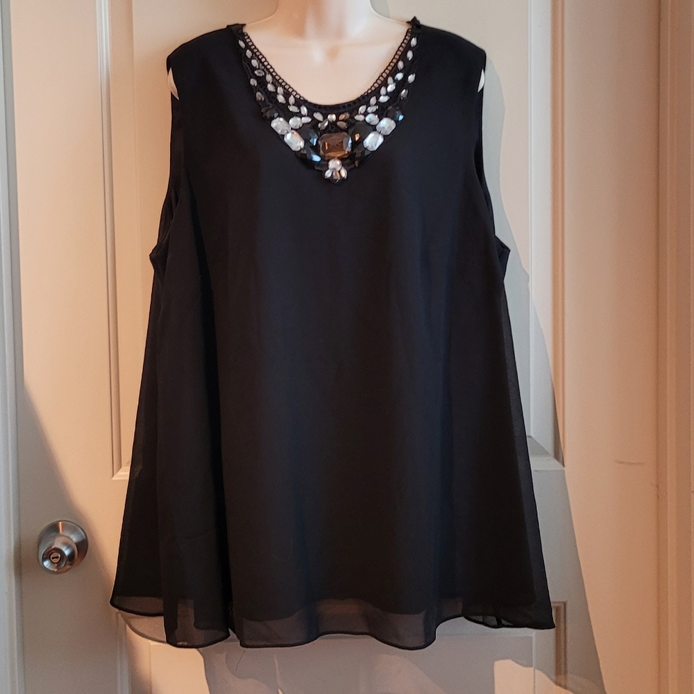 MSK Women Black Plus Size 3X New Jeweled Bib Necklace Tank Top